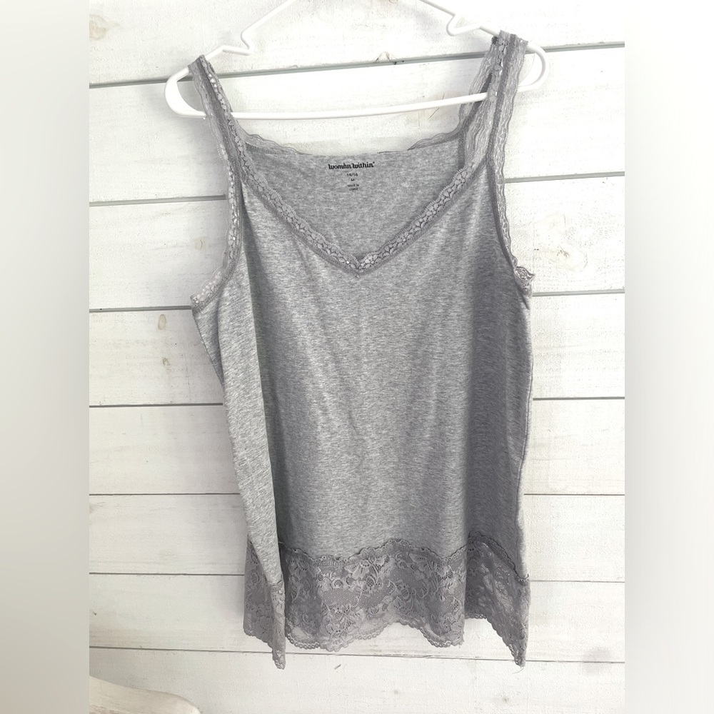 Woman Within size M 14-16 long Lace Trim Tank Gray cute layering closet staple